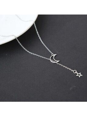 Moon and Star Drop Adjustable Lariat Y Choker Silver Necklace